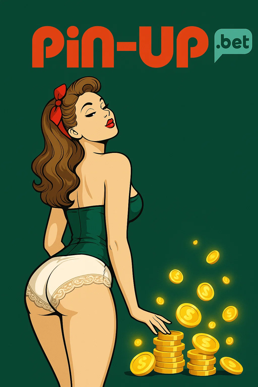 Pin-Up Casino Chile - Estilo retro con chica pin-up y monedas doradas, el casino más elegante para jugadores chilenos